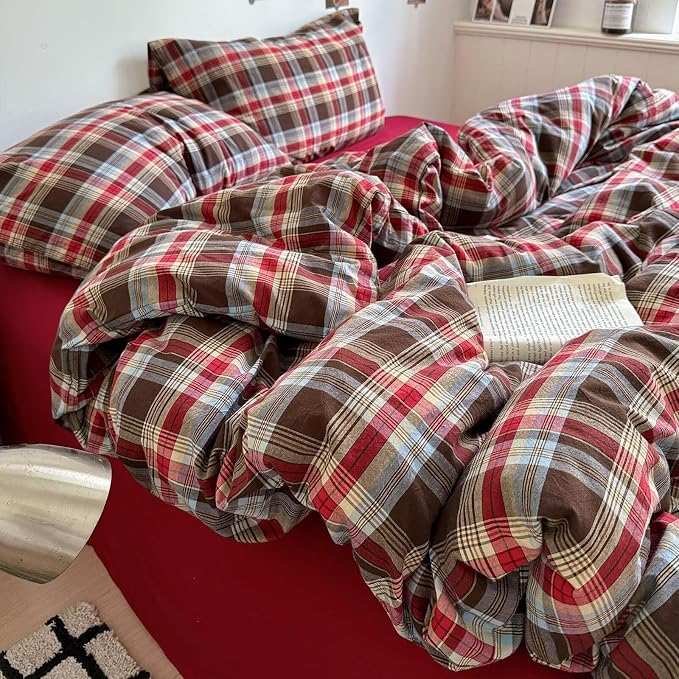 mixinni Vintage Red & Brown Buffalo Plaid Duvet Cover Set Twin Size - Image 8