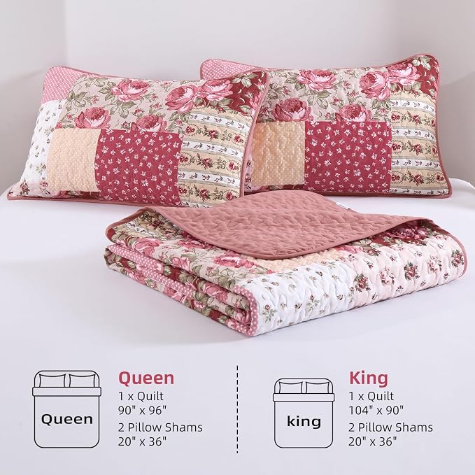Anibedding 3Pieces Patchwork Quilts Queen Size, Bohemian Red Flower Plaid - Image 7