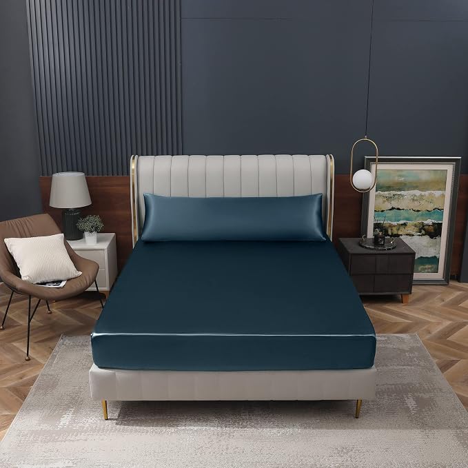 Homiest Deep Sea Blue Satin Fitted Sheet King Size, Deep Pocket, Luxury & Ultra - Image 8