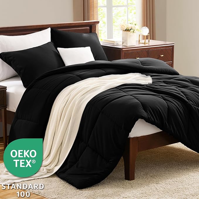 CozyLux Oversized King Comforter Set, 3 Pieces Black 120x98 Box Stitched Design - Image 3