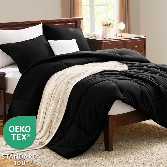 CozyLux Oversized Queen Comforter Set, 3 Pieces Black 98x98 Box Stitched Design - Image 3