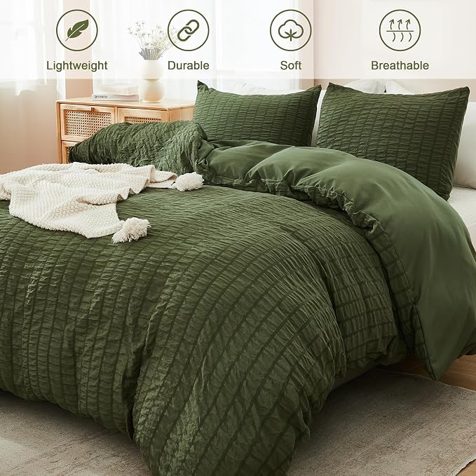 AveLom Dark Olive Green Seersucker Duvet Cover Set King, 3 Pieces, Soft Washed - Image 2
