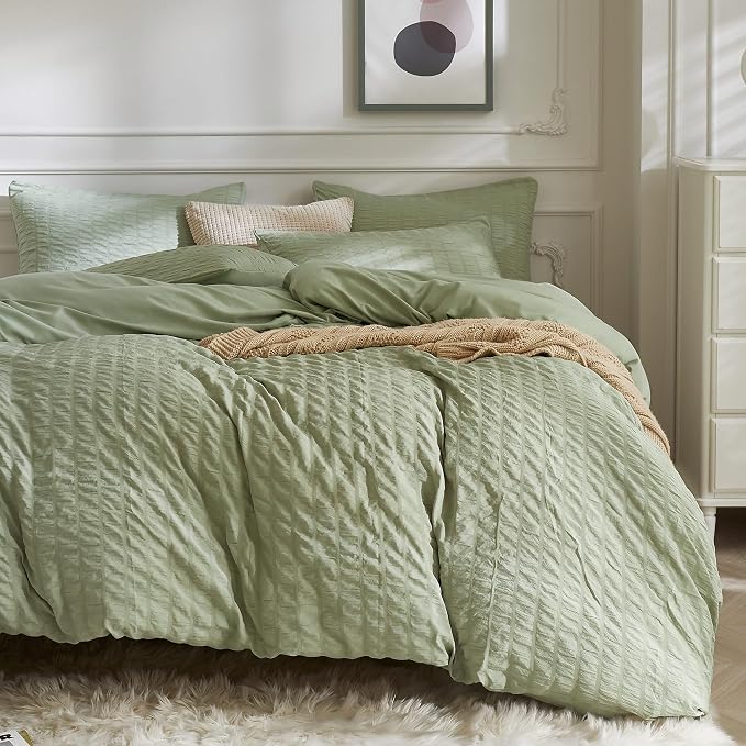JELLYMONI Light Green Duvet Cover Full Size, Soft Breathable Seersucker Duvet by JELLYMONI