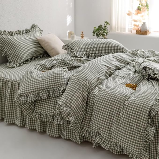 MKXI Sage Green Gingham Duvet Cover Queen, 3-Piece Ruffled Bedding Set - Image 3