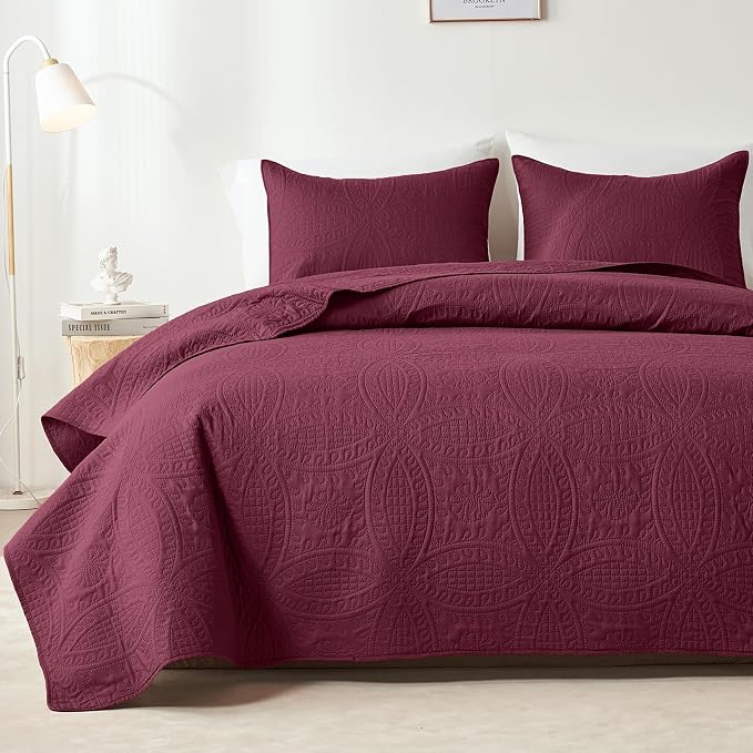 akkialla Burgundy Full/Queen Quilt Set, Ultrasonic Lightweight Bedspread by akkialla