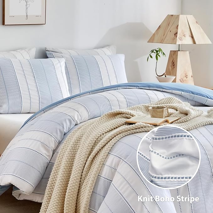 WARMDERN Blue Striped Weave Duvet Cover King Size, Microfiber Textured Bedding - Image 2