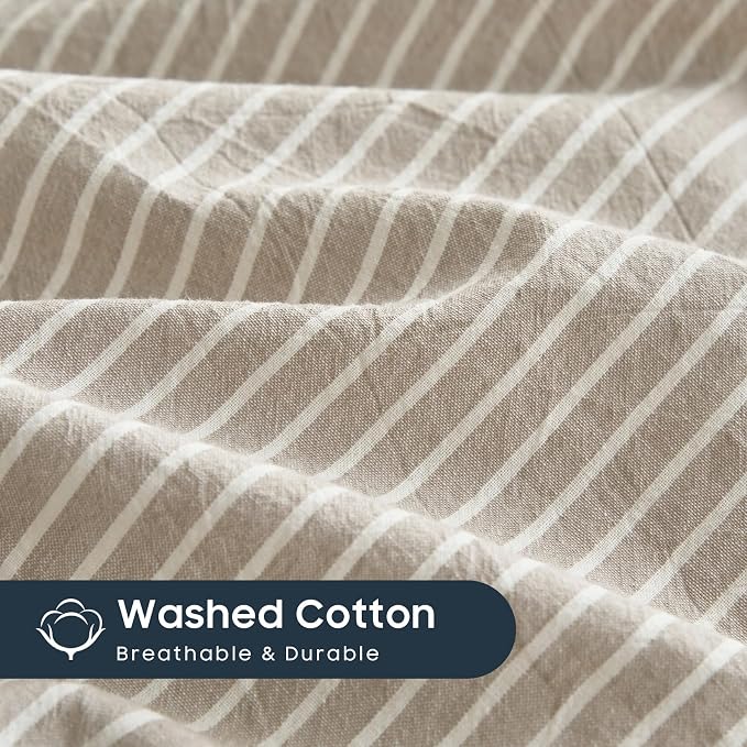 Wake In Cloud - Striped Cotton Duvet Cover Set, 100% Washed Cotton Textured - Image 7
