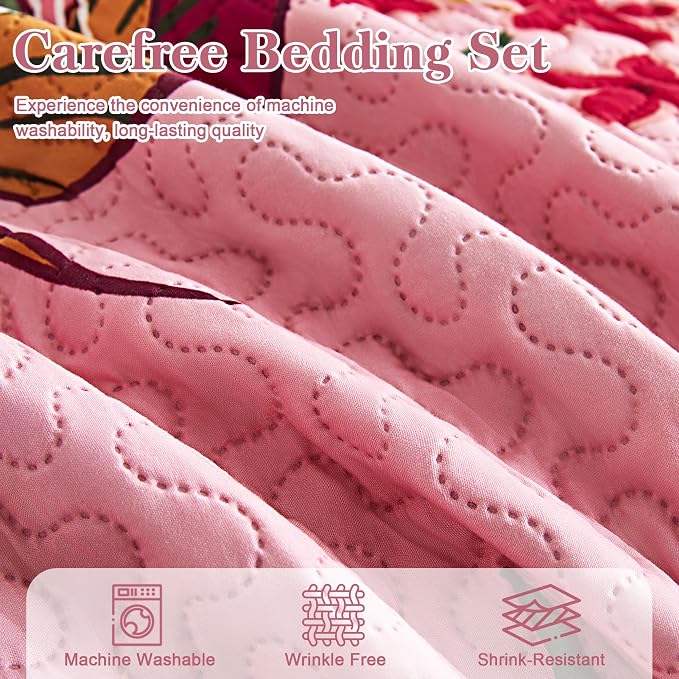 Tyrot 3 Piece Pink Boho Floral King Size Quilt Sets Farmhouse Botanical - Image 7