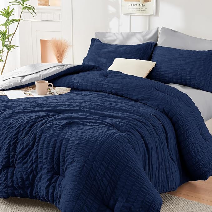 HYMOKEGE Navy Blue/Light Grey Full Size Comforter Sets Seersucker 7 Pieces by HYMOKEGE
