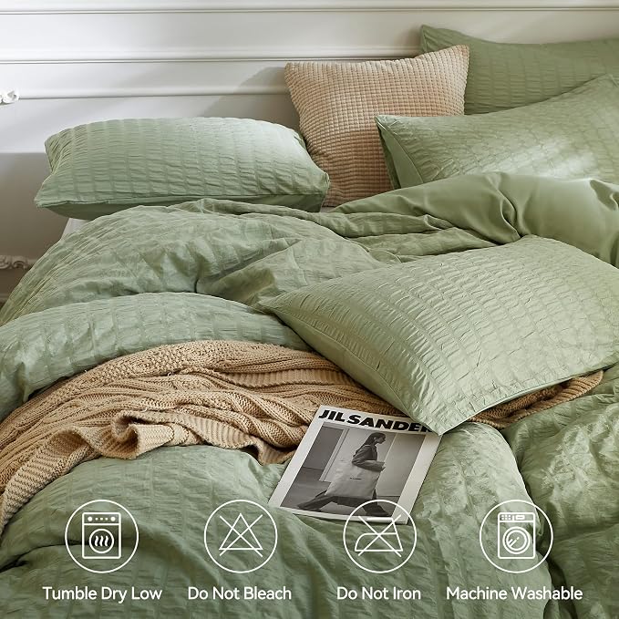 JELLYMONI Light Green Duvet Cover Twin Size, Soft Breathable Seersucker Duvet - Image 4