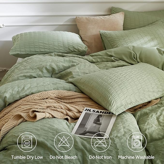 JELLYMONI Light Green Duvet Cover Queen Size, Soft Breathable Seersucker Duvet - Image 4