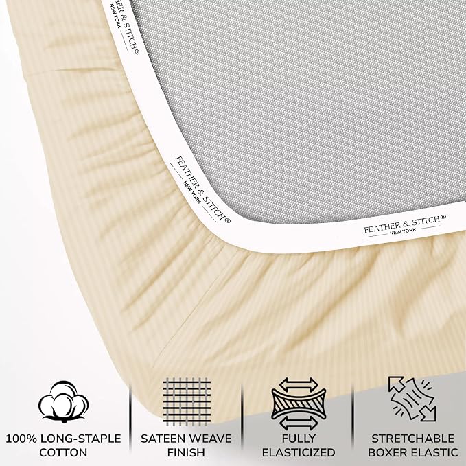 Feather & Stitch 1 Piece Fitted Sheet Queen Size, 100% Cotton Damask Sateen - Image 2