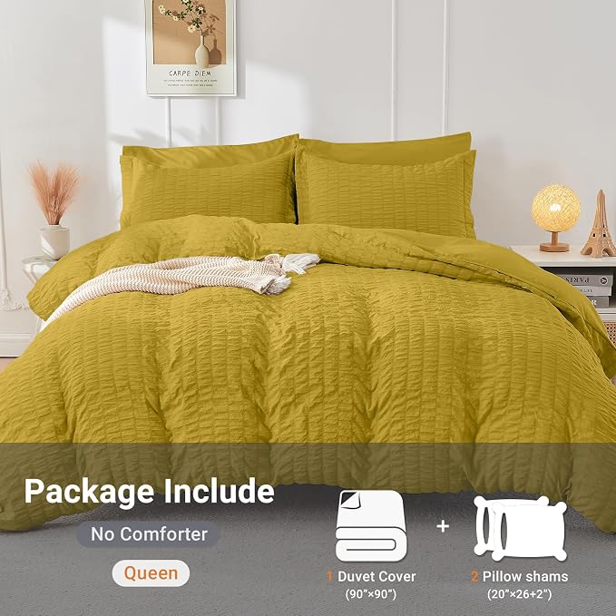 HYMOKEGE Mustard Yellow Duvet Cover King Size, Ultra Soft 3-Piece Seersucker - Image 5