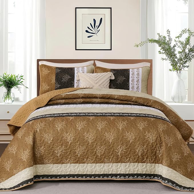 DJY Brown Quilt Set Queen Striped Bedspread Coverlet Set 3 Pieces Boho Branch - Image 2