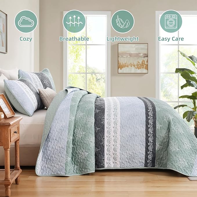 DJY Stripe Quilt Set King Size Sage Green Bedspread Coverlet Set 3 Pieces Boho - Image 4