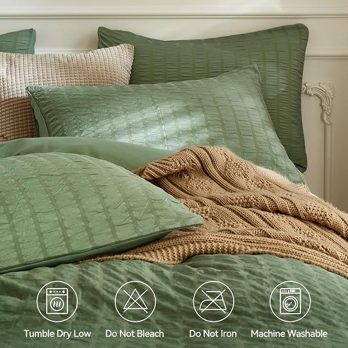 JELLYMONI Dark Green Duvet Cover King Size, Soft Breathable Seersucker Duvet - Image 4