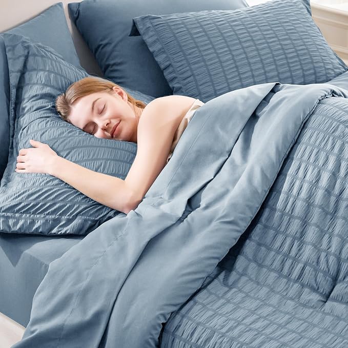CozyLux Queen Comforter Set Grayish Blue Seersucker 7 Pieces Bed in a Bag Queen - Image 5