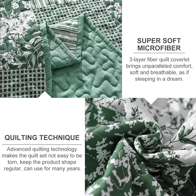 Mybedsoul Green Quilt Set Full Size, 3 Pieces Plaid Floral Bedspread Set - Image 5