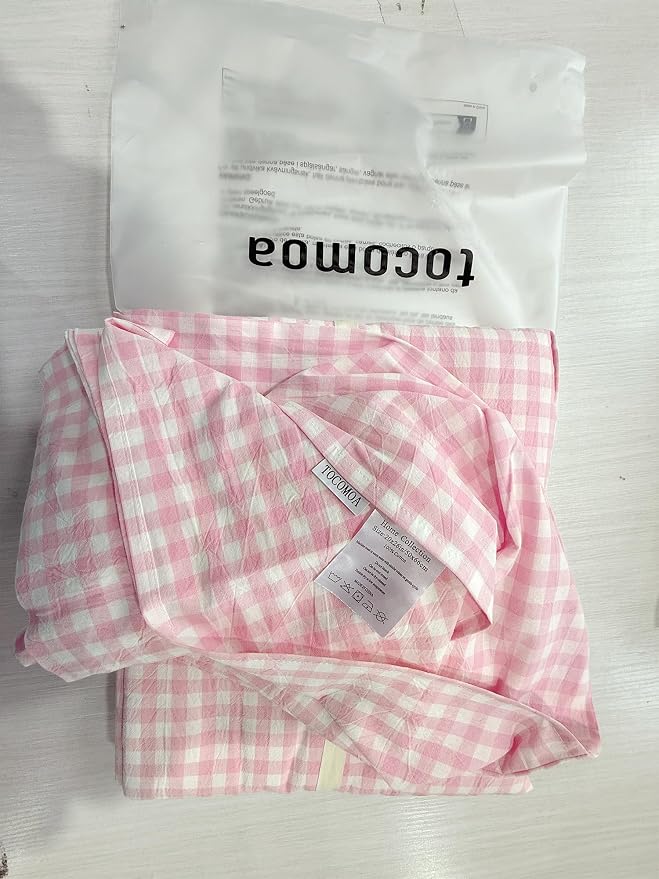 TOCOMOA Pink Gingham Duvet Cover Bedding Set 100% Washed Cotton Like Linen Feel - Image 9
