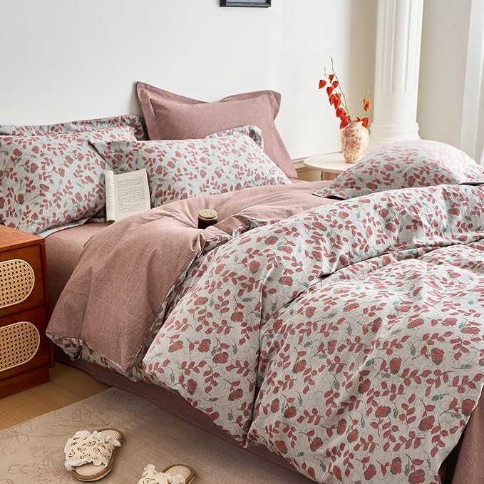 mixinni 100% Washed Cotton Duvet Cover Set, Reversible Vintage Floral Jacquard - Image 2