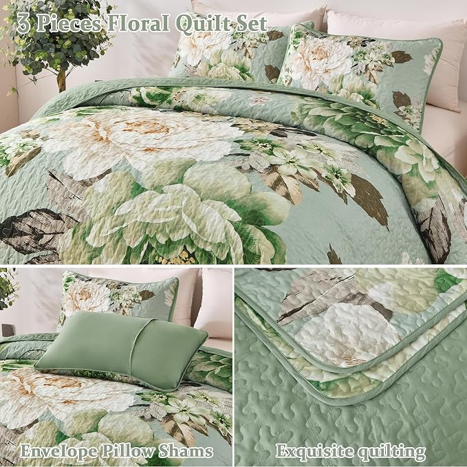 WONGS BEDDING Sage Green Floral Quilt Set King, 3 Pieces Elegant Flower - Image 5