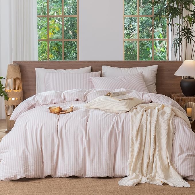 MooMee Striped Duvet Cover Set 100% Washed Cotton Linen Like Textured by MOOMEE