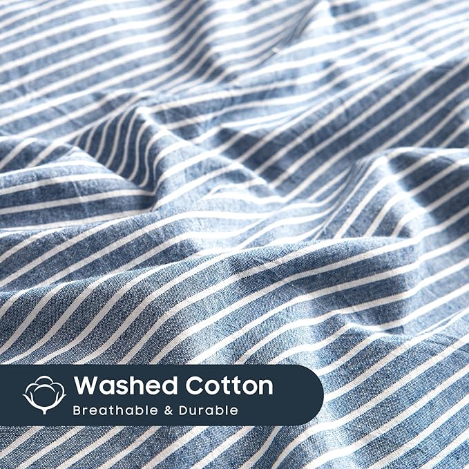 Wake In Cloud - Striped Cotton Duvet Cover Set, 100% Washed Cotton Textured - Image 6