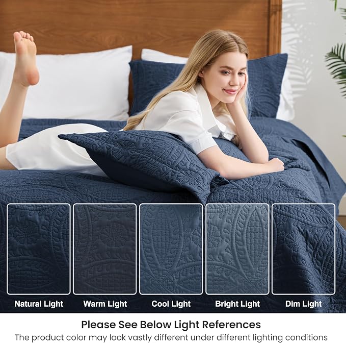 Love's cabin King Size Quilt Set Navy Blue Bedspreads - Image 7
