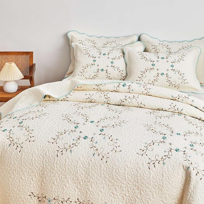 ROOMLIFE Quilt Set King Size 3D Floral Embroidery Pattern 3-Piece Cotton - Image 9