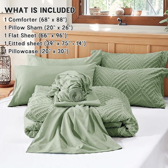 Zzlpp Twin Comforter Set 5 Pieces, Sage Green Tufted Bed in a Bag - Image 5