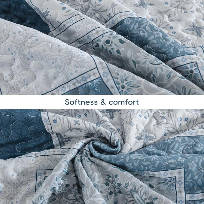 Xruibed Blue Boho Quilt Set Queen Size, 3 Pieces Plaid Floral Bedspread - Image 8