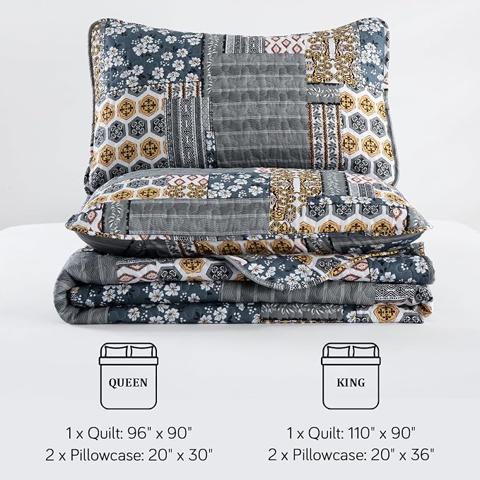Mybedsoul Dark Grey Quilt Set King Size, 3 Pieces Plaid Floral Bedspread Set - Image 7