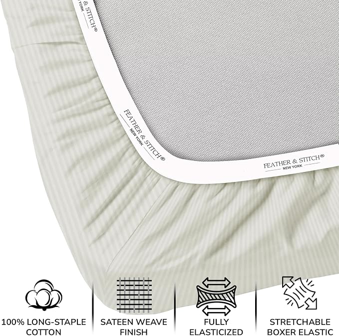 Feather & Stitch 1 Piece Fitted Sheet Twin Size, 100% Cotton Damask Sateen Weave - Image 2