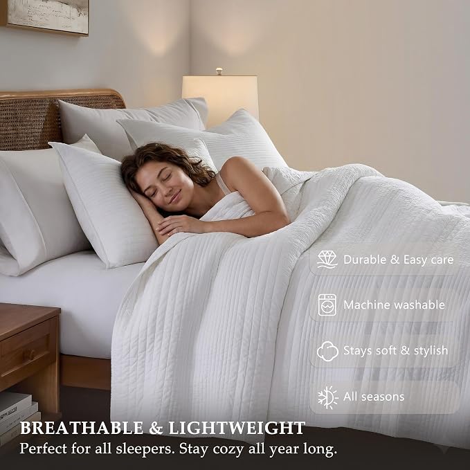 palassio Striped White 100% Cotton Quilt California Cal King Size Bedding Sets - Image 5