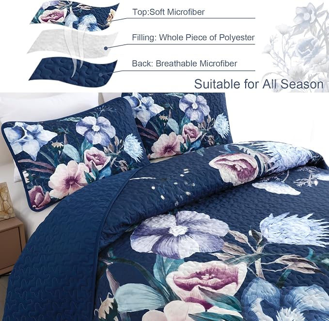 Drucon Blue Floral Quilt Set King Size 3 Pieces Blue Botanical Flower Quilt - Image 4