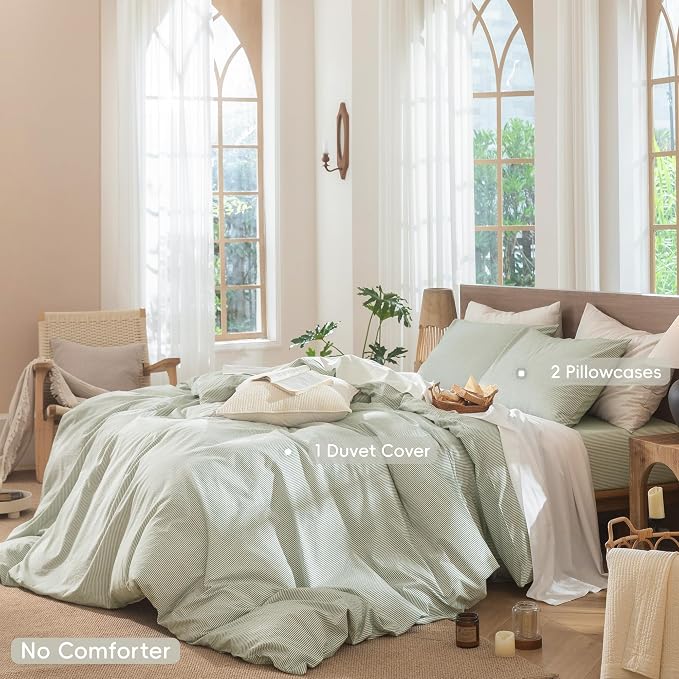 MooMee Striped Duvet Cover Set 100% Washed Cotton Linen Like Textured - Image 2