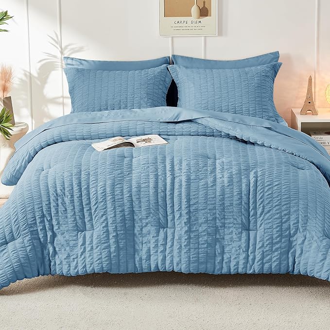 HYMOKEGE Mineral Blue Twin XL Comforter Set Seersucker 5 Pieces, All Season - Image 9