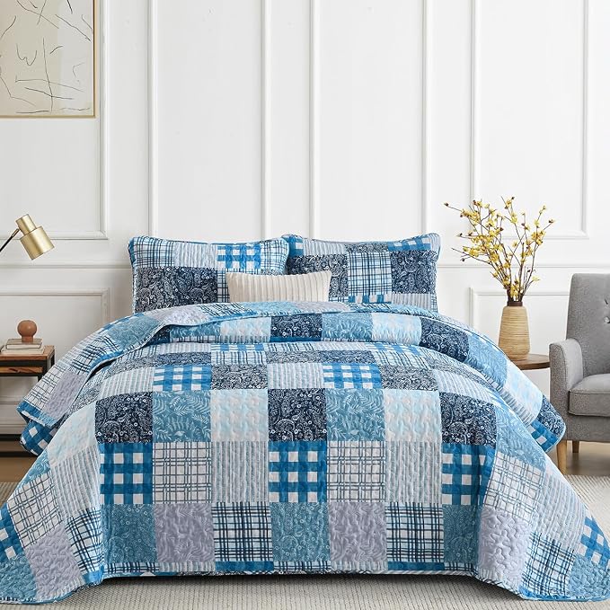 Xruibed Blue Quilt Set Queen Size 3 Pieces Plaid Floral Boho Bedspread Coverlet by Xruibed