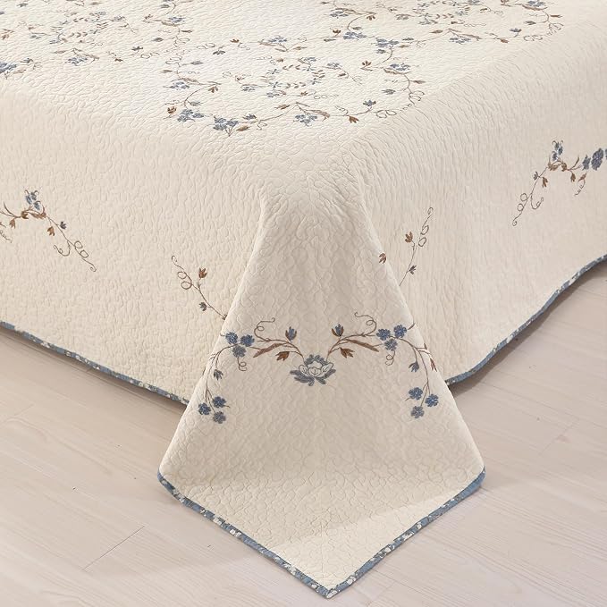 Quilt Set Blue Floral 3D Embroidery Pattern 3 PCS 100% Cotton Reversible - Image 8