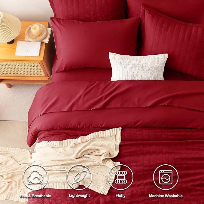 CozyLux Oversized Queen Comforter Set Dark Red Seersucker 7 Pieces 98x98 Bed in - Image 2