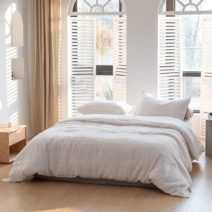 Simple&Opulence 100% Linen Duvet Cover Set 3pcs Yarn Dyed Vertical Pinstripe - Image 8