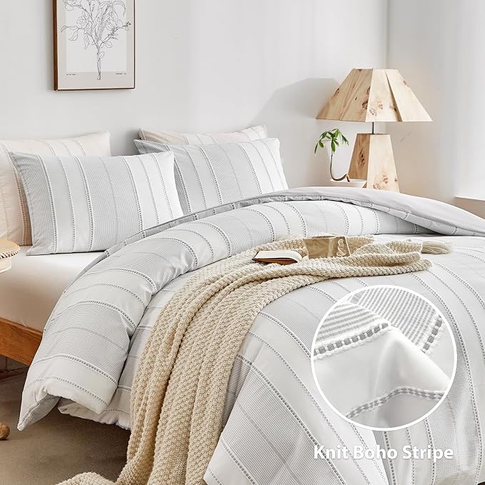 WARMDERN Light Grey Striped Weave Duvet Cover King Size, Microfiber Textured - Image 2