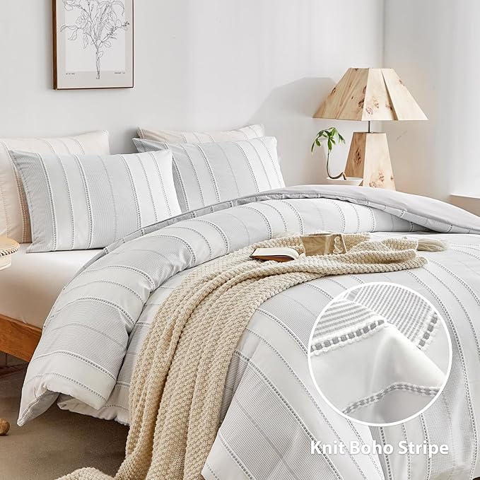WARMDERN Light Grey Striped Weave Duvet Cover Queen Size, Microfiber Textured - Image 2