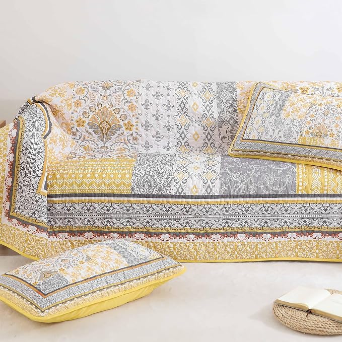 WONGS BEDDING Yellow Quilt Set Full, Bohemian Patchwork Bedspread Coverlet Set - Image 6
