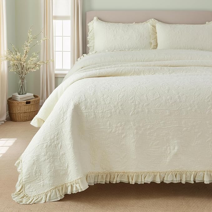 Brandream Cream Yellow White Quilt Set Queen Size Cotton Matelasse Bedding - Image 9