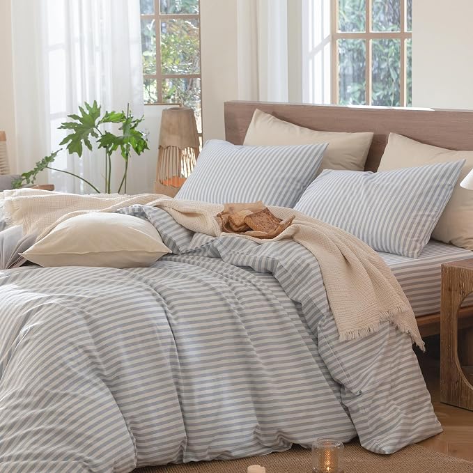 MooMee Striped Duvet Cover Set 100% Washed Cotton Linen Like Textured - Image 4
