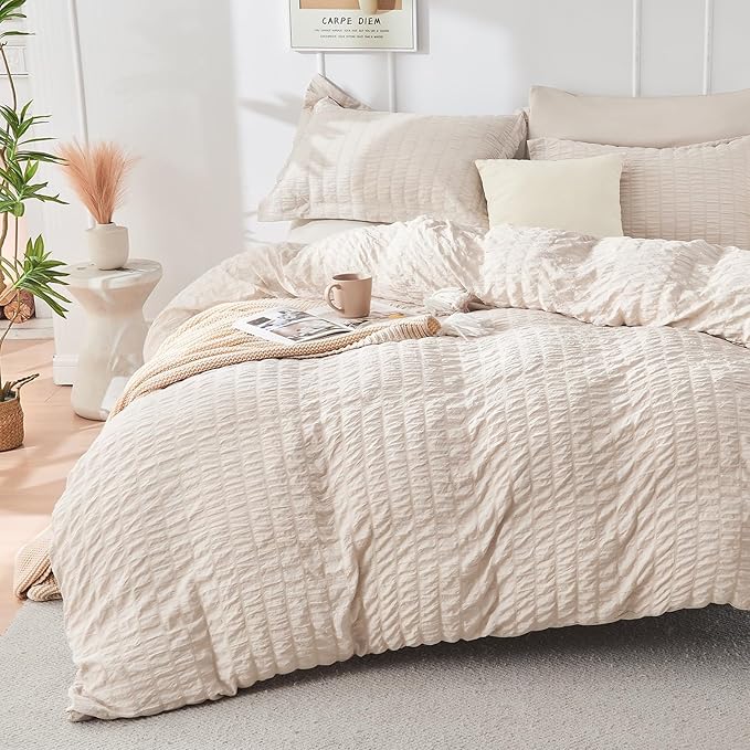 HYMOKEGE Beige King Size Comforter Set Seersucker 7 Pieces, All Season Luxury - Image 3