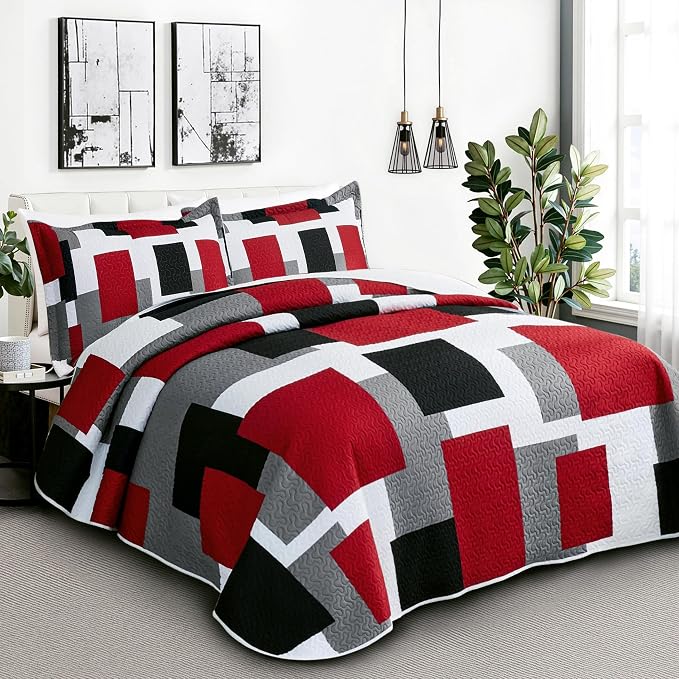 Tyrot 3 Piece Red Black Grey Quilt Set King Size Red and White Geometric - Image 2