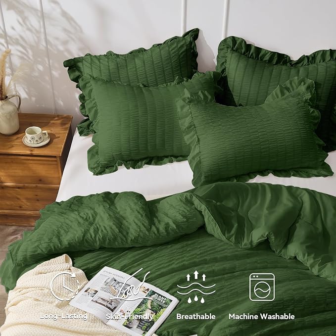 JOLLYVOGUE Dark Green Twin Size Comforter Set, 2 Pieces Seersucker Lightweight - Image 3