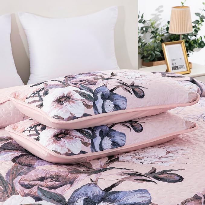 Floral Quilt Set Queen 3 Pieces Pink Floral Quilt Coverlet Set Soft Microfiber - Image 8